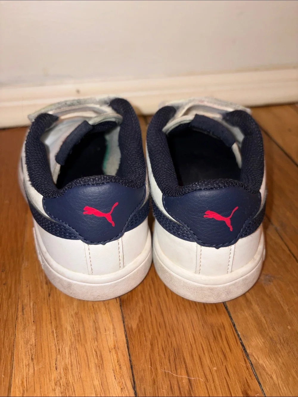 Kids Puma White Velcro Sneakers with Navy Accents